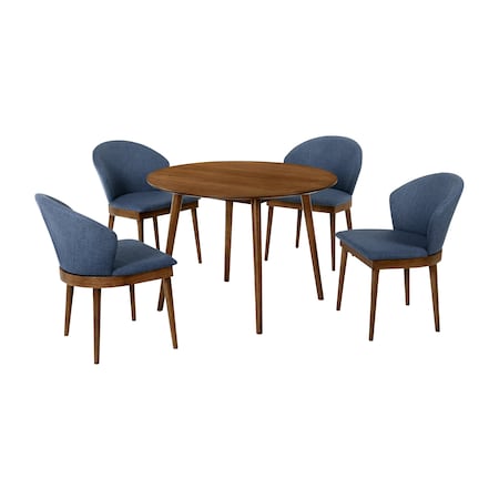Armen Living Arcadia and Juno 42" Round Blue and Walnut Wood 5 Piece Dining Set SETARDI5JNWABLU42